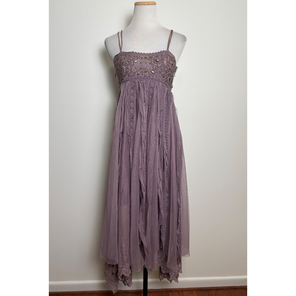 Free People Crochet Lace Fairy Whimsigoth Midi Dress Size 0 Boho Asymmetrical